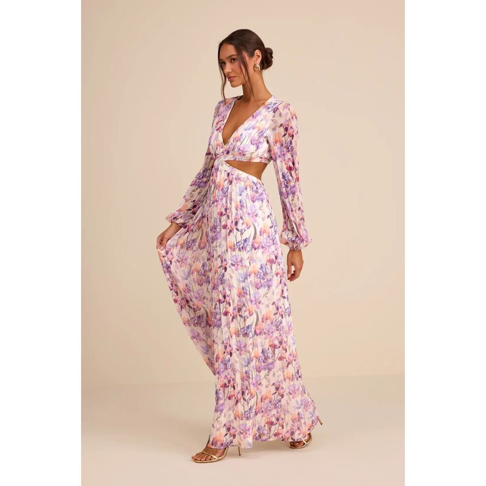 Lulus Melea Ivory and Purple Floral Pleated Cutout Maxi Dress Size Small - Picture 4 of 9
